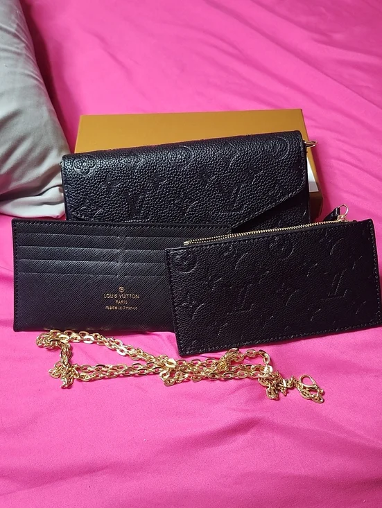 Luxury Black Monogram Envelope Wallet with Detachable Gold Chain