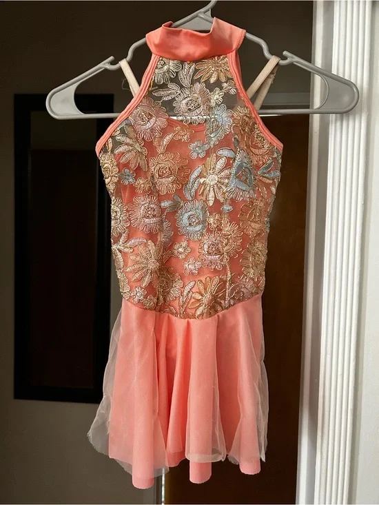 Girls Peach/Coral Floral Mesh Lyrical/Ballet Costume. Excellent condition