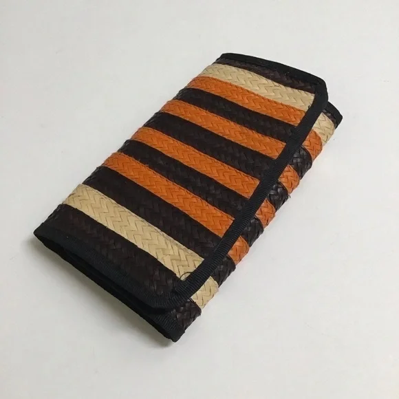 Handmade Woven Straw Wallet Zip Pouch Stripe Clutch Raffia Natural Brown Orange