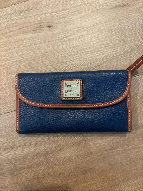 Dooney & Bourke Navy Pebbled Leather Wallet with Tan Trim and Wrist Strap