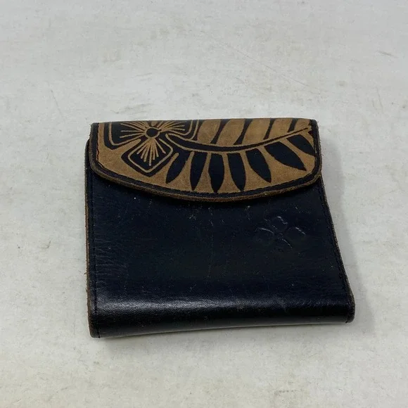 Patricia Nash Black Italian Leather Trifold Wallet Floral Kiss Lock Coin Pouch