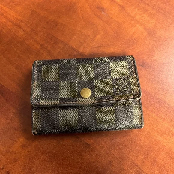 Louis Vuitton Damier Ebene Brown Checkered Compact Wallet with Gold Hardware