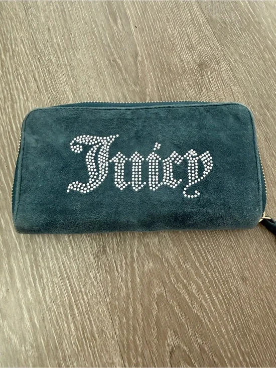 Juicy Couture Teal Suede Crystal Logo Zip Wallet