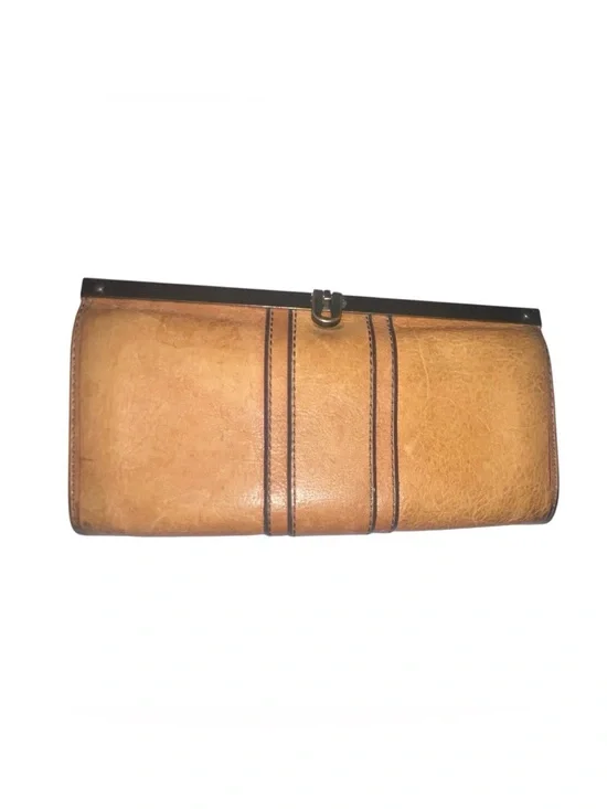 VTG Fossil Tan Leather Kiss Lock Frame Clutch Wallet