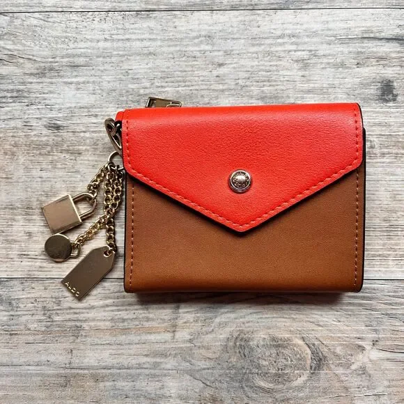 ALDO Leather Wallet Orange Brown Colorblock Chain Accent Compact Chic Fold