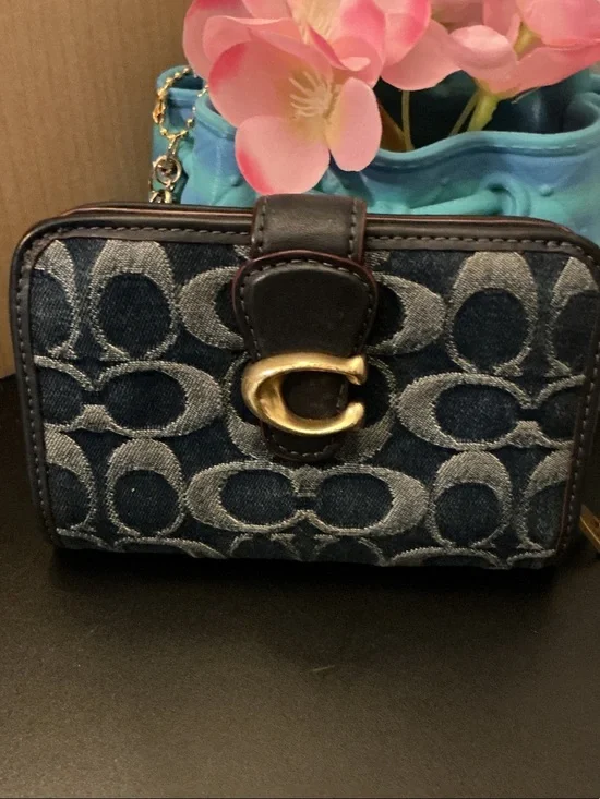 Coach Denim Signature C Compact Wallet in Dark Blue with Gold Hardware