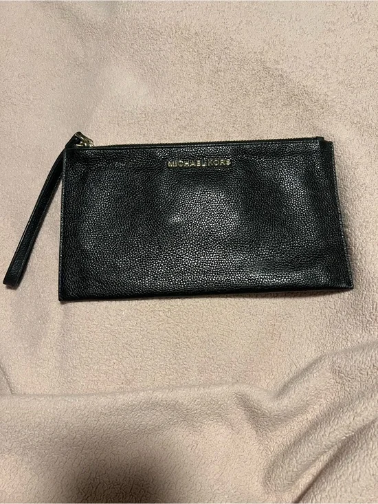 Michael Kors Black Pebble Leather Wristlet Clutch with Gold Hardware