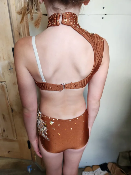 Girls' Burnt Orange Sequin Dance Leotard with One-Shoulder Neck