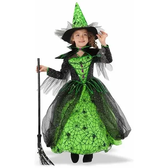 Magical Green Halloween 2 Piece Witch Costume Spiders Girls Size 7-8 Teetot