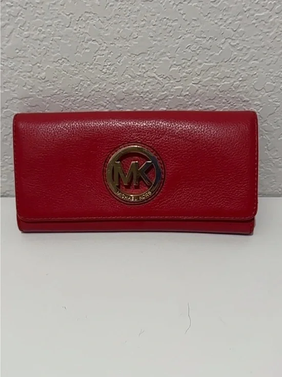 Michael Kors Red Leather MK Plaque Continental Wallet with Gold Hardware