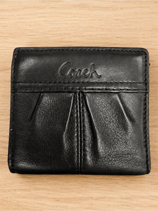 Coach Black Leather Compact Wallet with Embossed Logo