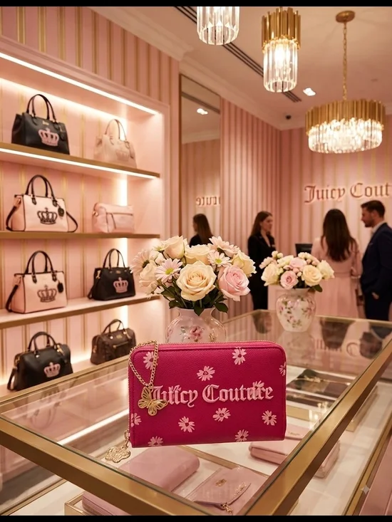 Juicy Couture Pink Floral Zip Wallet - Signature Logo