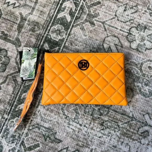 Badgley Mischka NWT Quilted Logo Wristlet Pouch in Yellow Gold