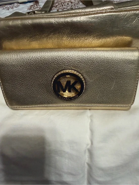 Michael Kors Metallic Gold Leather Shoulder Bag with MK Logo