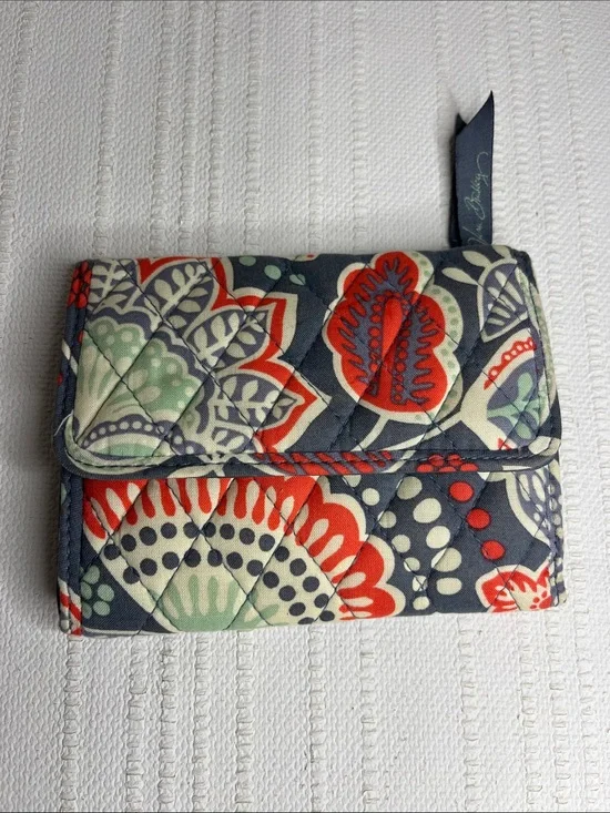 Vera Bradley Gray, Orange, Green Floral tri-fold Wallet with ID holder & snap
