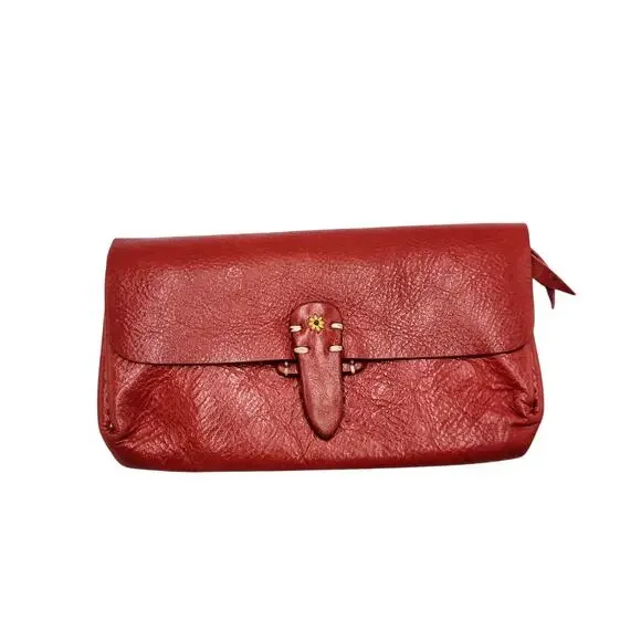 Fredd + Basha Red Leather Embroidered Daisy Snap Button Closure Accordion Wallet