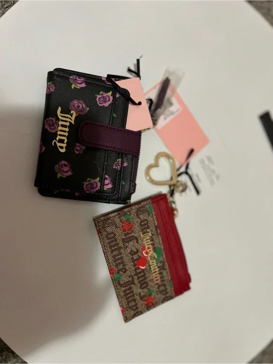 Juicy Couture Black Floral Mini Wallet with Purple Strap and Red Zip Card Case