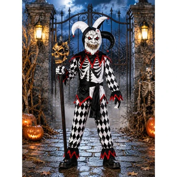 Sinister Jester Halloween Costume Boys Size Small 4-6 Harlequin 5 Piece Party
