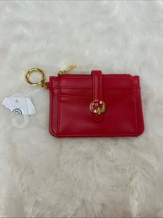 Red Leather Card Wallet Keyring with Gold Hardware