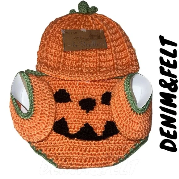 So’Dorable Hand Crochet Halloween Pumpkin Costume Photo Prop Set | 0-6M NEW/NWT!