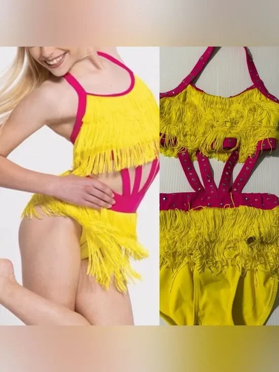 Weissman Elite Dance costume yellow fringe Work custom D11462 LC-large child