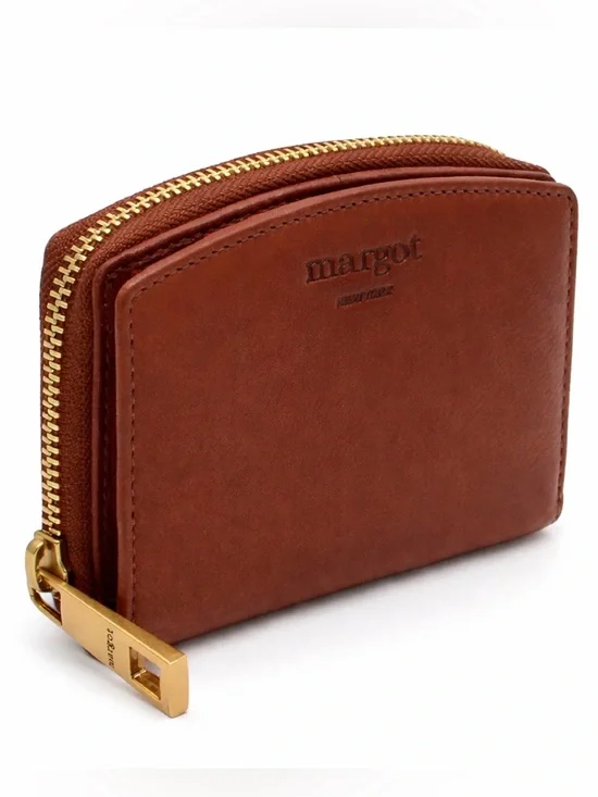 Margot New York Cognac Leather Wallet Zip Around Compact Card Holder NWT