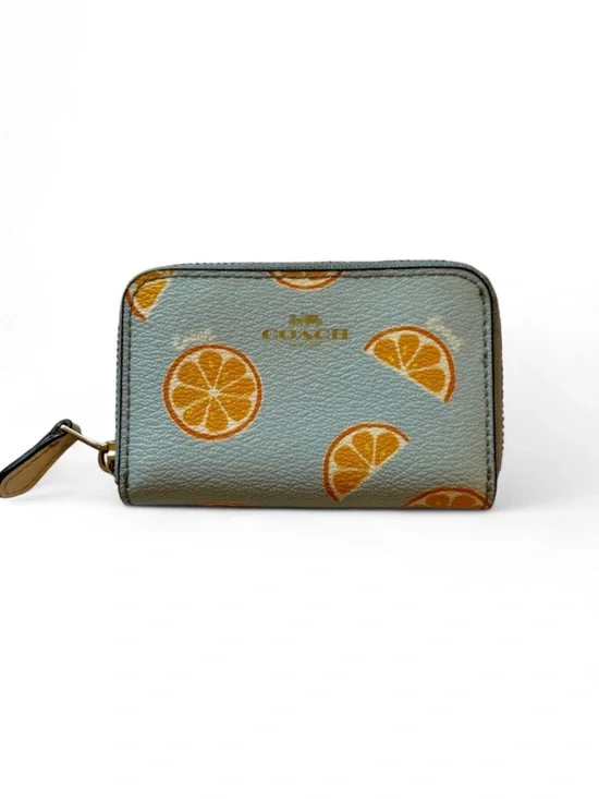 Coach Women's Light Blue Orange Slice Print Zip Card Case/Wallet
