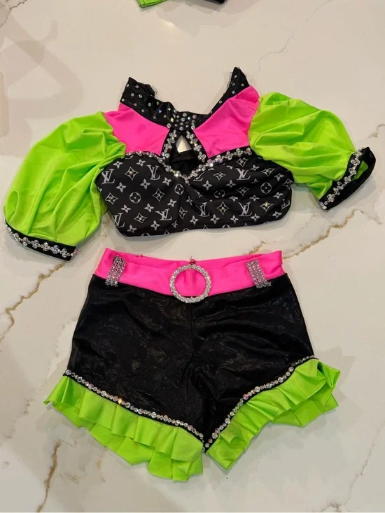 Designer inspired Neon Green, Hot Pink & Black Dance Two-Piece Set L*V*