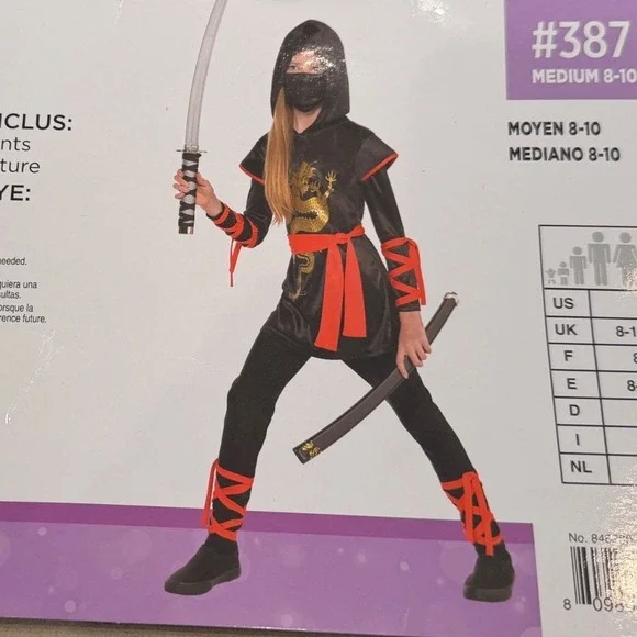 Dragon Ninja Costume‎ Kids Medium 8-10 Black Red Gold 4 pieces set