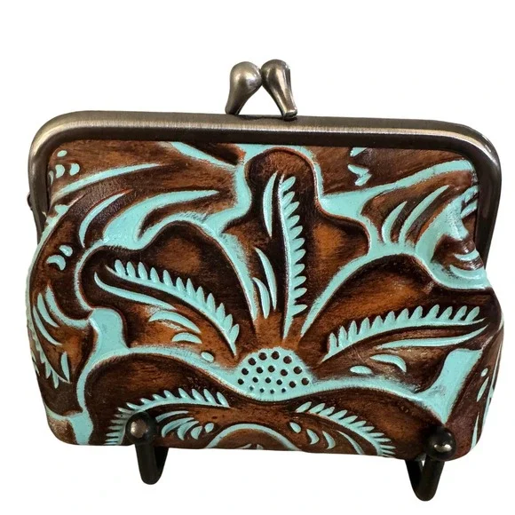 Patricia Nash Tooled Leather Coin Purse Turquoise Brown Floral Kiss Lock NWT