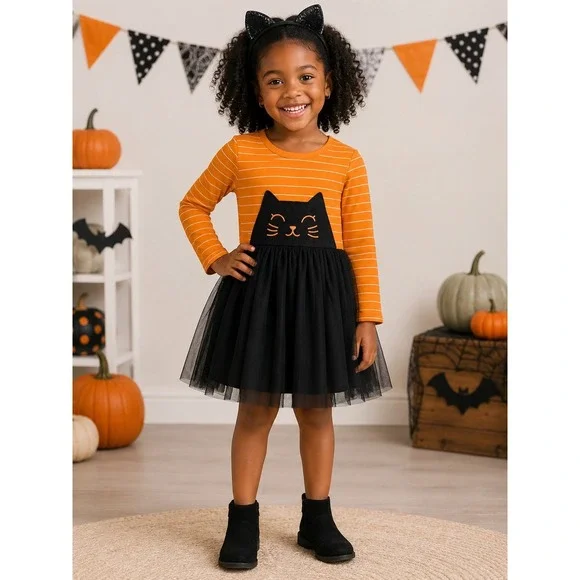 Cat & Jack Girls 5T Halloween Black Cat Tutu Dress Orange Striped Long Sleeve