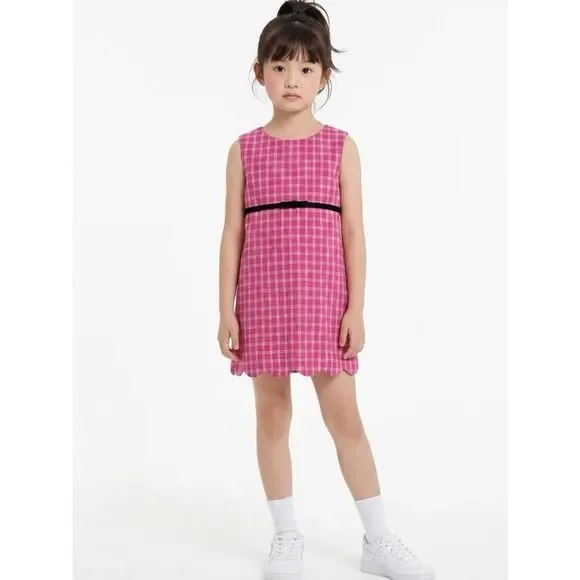 Lilly Pulitzer Pink and white plaid scallop hem shift dress black velvet accent