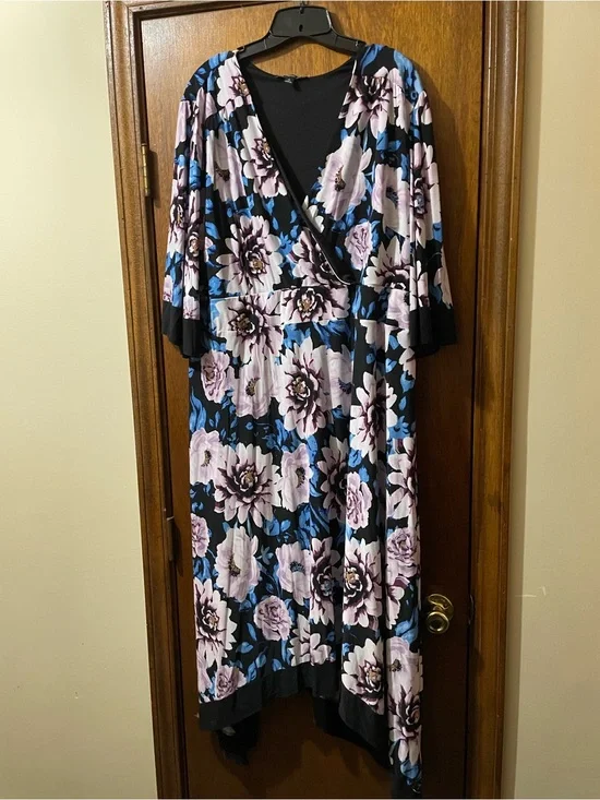 INC International Concepts Black Wrap Maxi Dress with Purple & Blue Floral