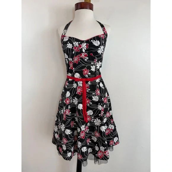 Rampage‎ Floral Halter Dress Red White Y2K Rockabilly Pinup Retro Tulle Sz 3 XS