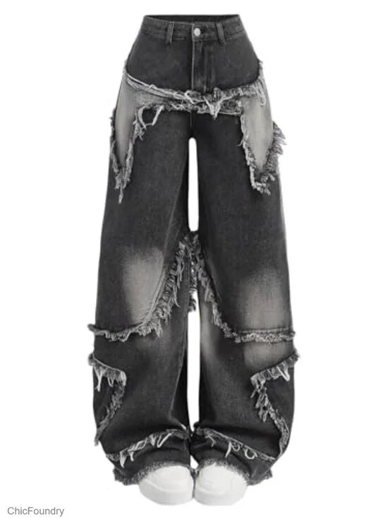 Y2K Baggy Wide Leg Raw Hem Star Patchwork Jeans Girls Teens