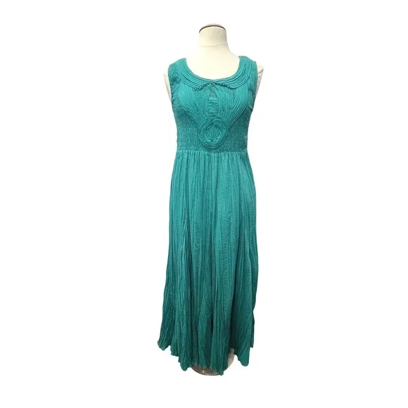 Soft Surroundings‎ Womens M Teal Crinkle Maxi Dress Gauze Smock Boho Cottage