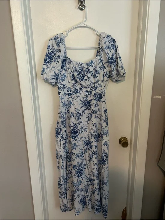 Blue Floral Puff-Sleeve Maxi Dress