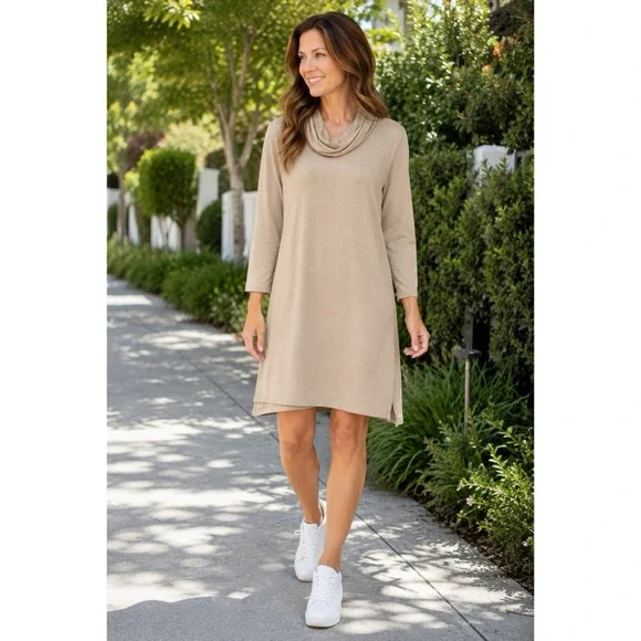 NEW Beyond‎ Yoga Size XL Cowl Neck Dress Sweatshirt Taupe Beige Modal Blend