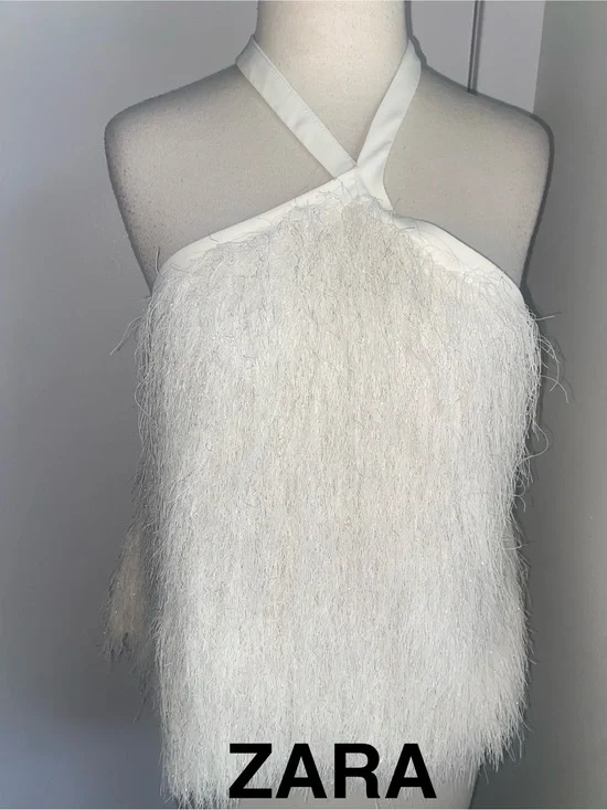 ZARA Ecru Metallic Thread Feather Halter Top -Size L - NEW