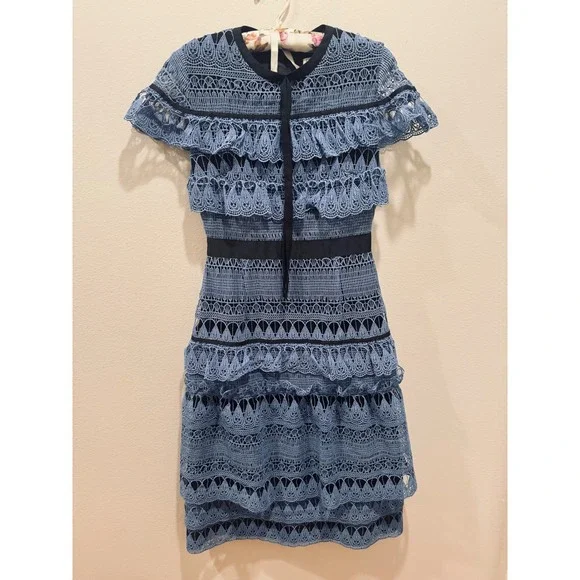 Miri New York Women Blue Guipure Lace Tiered Ruffle Cocktail Dress Size 2