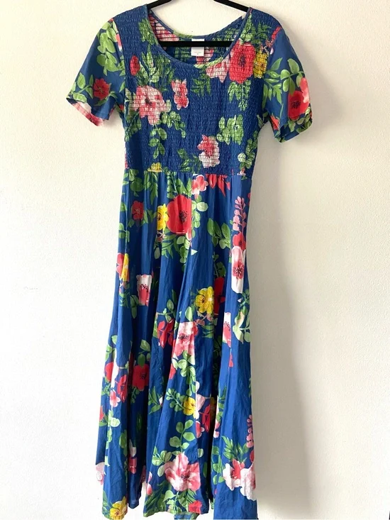 Blair Floral Smocked Midi Dress Blue Pink Cottagecore Size M