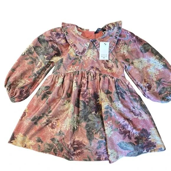 Eve & Milo Kids Pink Metallic Floral Puff Sleeve Ruffle Collar‎ Dress 2-3 Years