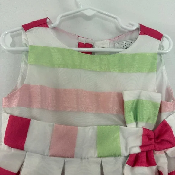 Gymboree‎ Dress 4T Girls Pink Green White Striped Bow Sleeveless Pleated