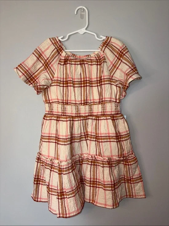 NWT Cat & Jack Cream and Pink Plaid Smocked Waist Dress Youth S