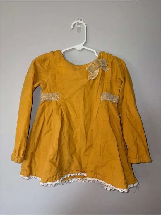 Rachel Zoe Girls' Mustard Yellow Corduroy Dress with Velvet Bows 3T