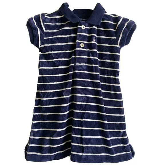 Ralph‎ Lauren 12 Month Baby Girl Navy Blue Velour Striped Short Sleeve Dress