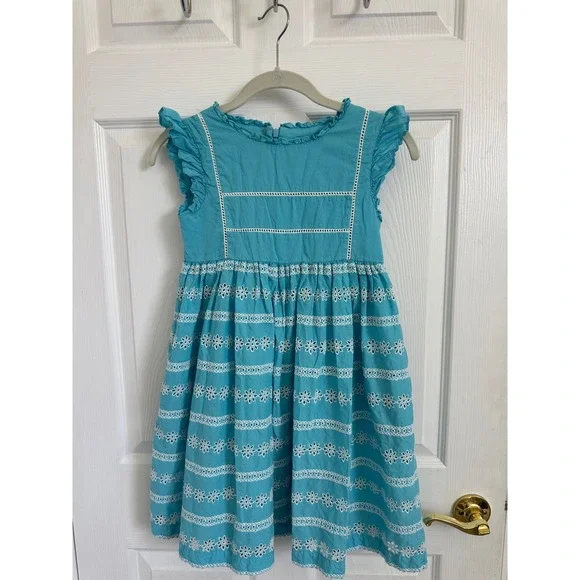 Mini Boden Girls‎ Blue Eyelet Floral Dress Ruffle Sleeve Cotton 9-10Y 140cm VGUC