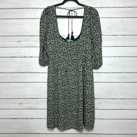 American Eagle Green Floral Babydoll Dress XL Scoop Back Tie Tassels