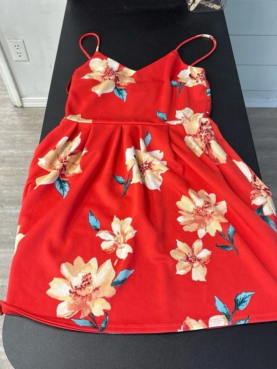 Monteau Red Floral Spaghetti Strap Dress