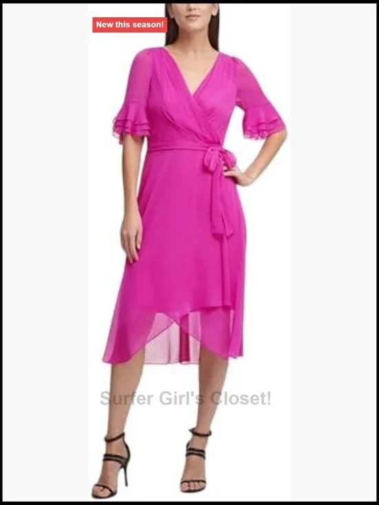 DKNY Ruffle Sleeve Surplice Tie Fit & Flare Midi Dress